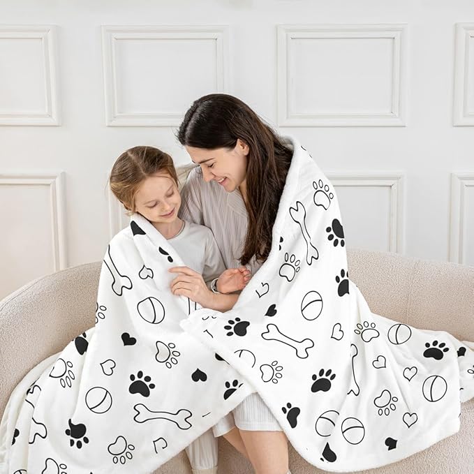 Dog Paws Print Kids Throw Blanket,Bones Love Heart Cute Bed Blanket for Girls Boys Adults,Cartoon Dogs Pets Paws Fleece Blanket,Black White Fuzzy Blanket,Queen Size (90 x 90 Inches)