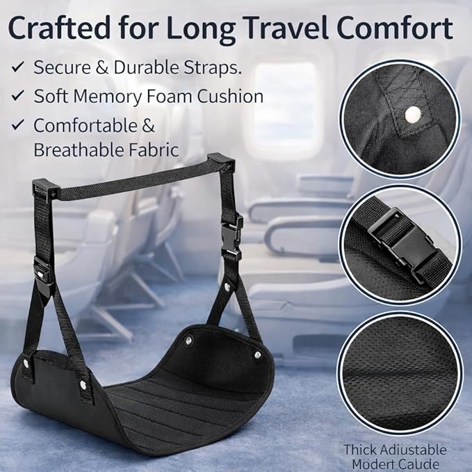 Airplane Foot Rest Hammock – Travel Footrest for Airplane with Memory Foam, Adjustable Foot Sling for Long Flights, Portable Carry Bag, Eye Mask & Earplugs – Flight Accessories Must Have