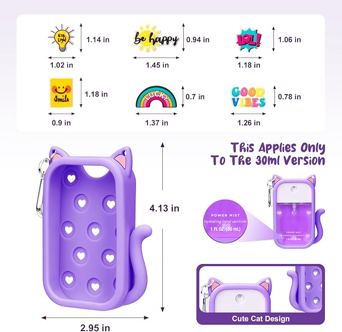 Cat Silicone Case for Touchland Hand Sanitizer Spray with Keychain, Compatible with Power Mist & Glow Mist 1 FL Oz/30ML for Touchland Case, with Charms Accessory Cute Travel Cover Sleeve Purple