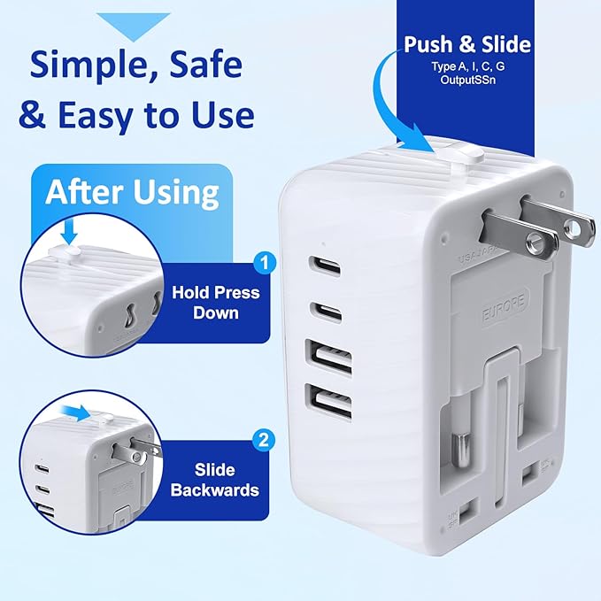 Universal Travel Adapter Worldwide International Plug Adaptor with 2 USB C 2 USB A Ports,World Power Outlet for European USA UK Australia Ireland