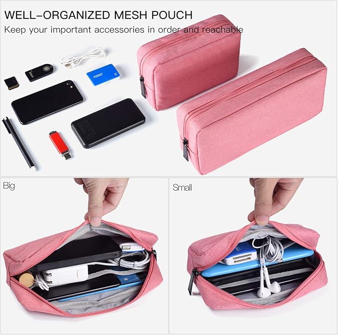 2-PACK Accessories Bag for Women Ladies Travel Organizer, Big+Small Portable Storage Bag Pouch Electronics Accessories Carrying Case Cosmetic Bag for Hard Drive, Mouse, Cable, Adapter, Cellphone, Pink