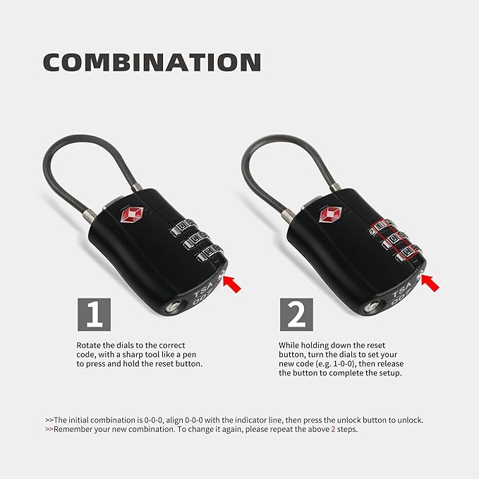 TSA Locks for Luggage, Small Combination Padlock with Cable, Travel Essentials Luggage Locks TSA Approved, Combo Padlock with Code, for Suitcase, Bag, Backpack Zipper, Gym Locker (2-Pack)