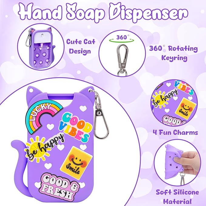 Cat Silicone Case for Touchland Hand Sanitizer Spray with Keychain&Charms,Compatible with Power Mist & Glow Mist 1 FL Oz/30ML for Touchland Case,Cute Travel Cover Sleeve Accessory (Purple Cat)