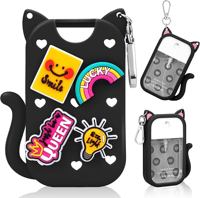 Cat Silicone Case for Touchland Hand Sanitizer Spray with Keychain,Compatible with Power Mist 1FL OZ/30ML,4 Cute Charms Accessory Portable Hand Sanitizer Holder for Touchland(1PCS Black)