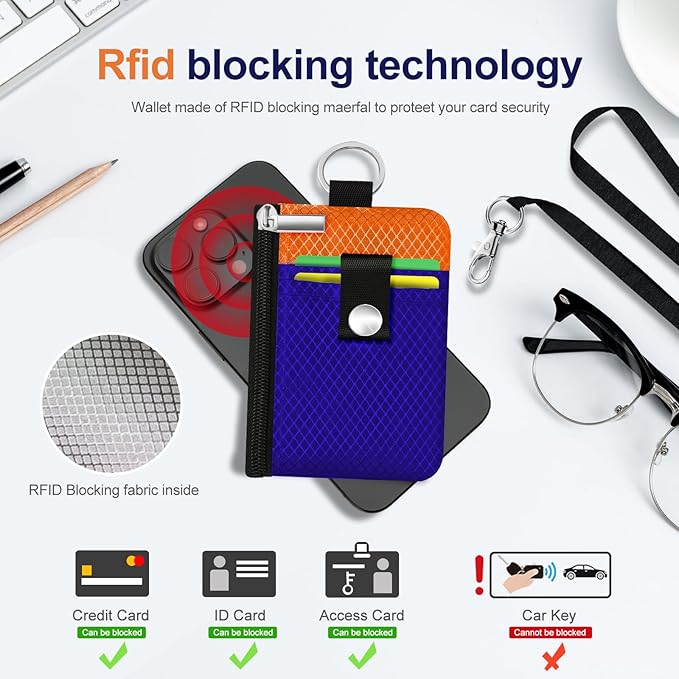 Minimalist RFID Blocking Small Wallet with ID Window,WaterResistant Zip Id Case Wallet with Lanyard Keychain for Cards,Cash,Travel,Women,Men (Sapphire Blue/Orange)
