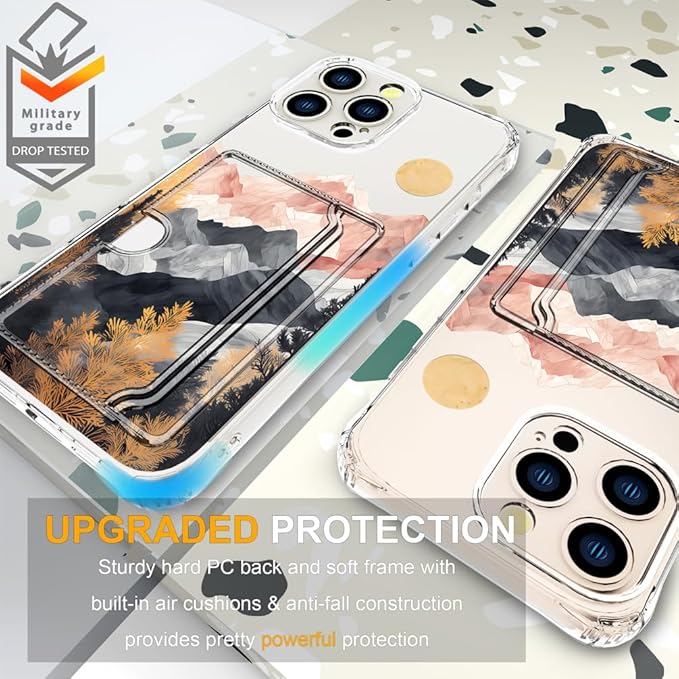 Compatible with iPhone 16 Pro Case Card Holder for Women Cute Design,Wallet Phone Cases Transparent Cool Kawaii Protective (Clear Mountain Hill Landscape)