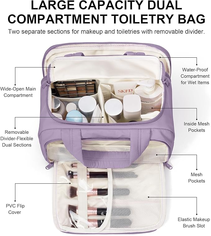 Bagstellar Travel Toiletry Bag for Women, Lightweight Large Quilted Puffy Makeup Bag Wide-open Make up Organizer Cloud Cosmetic Bag w/Handle for Traveling, Toiletries, Essentials Accessories Lavender