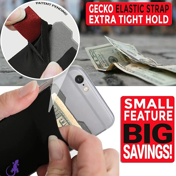 Phone Wallet - Adhesive Card Holder - Cell Phone Pouch - Stick on Lycra Pocket by Gecko - Carry Credit Cards and Cash