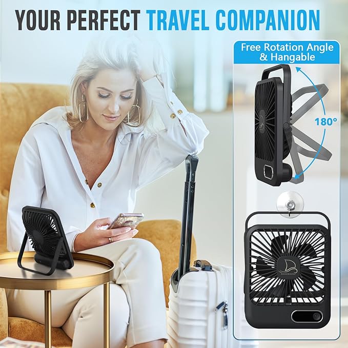 Small Travel Fan For Sleeping, USB-C Rechargeable Battery Powered Personal Mini Desk Fan for Office, Bedroom, Hotel Room - Folding Flat, Easily Portable & Travel-Ready, Battery Saving Display & Timer
