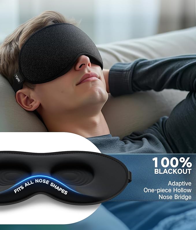 Sleep Mask for Men Women - Eye Masks for Side Sleepers, 3D Contoured Night Blindfold 100% Blockout Pressure-Free, Soft Lightweight Breathable Eye Cover Shade Sleeping for Airplane, Travel, Black