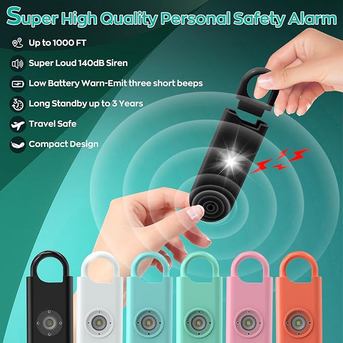 Fauxomor 140dB Personal Safety Alarm for Women, 3 Pack Safe Alarm Protection Keychain with Strobe Light & Low Battery Notice, Security Siren Self Defense for Seniors College Girls, Orange+Blue+Black