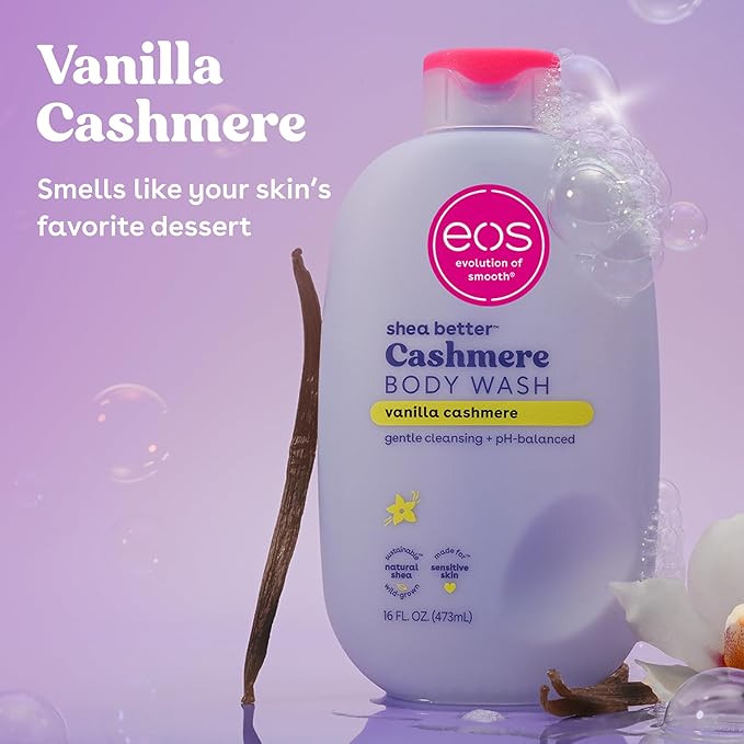 eos Travel Vanilla Cashmere Body Wash- Travel Size Body Wash, Hydrating, Moisturizing, Toiletries, Mini, Shea Butter, 2.5 fl oz