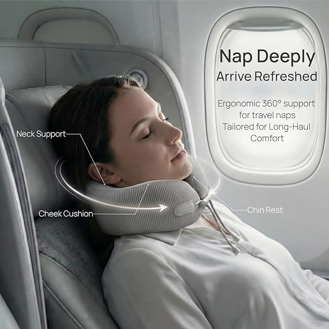 Memory Foam Travel Neck Pillow for Airplane, 360° Head Support Travel Essentials for Long Flights, Breathable Cover and Compact Storage Case, Portable Gift for Men and Women