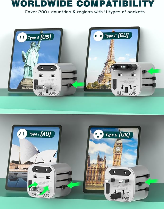 Universal Travel Adapter Worldwide, TECSIX Compact Travel Power Plug Adapter (Type A C G I), 2500W Internetional Wall Charger Outlet Adaptor to Europe, India, UK, US, AUS, Asia 200+ Countries