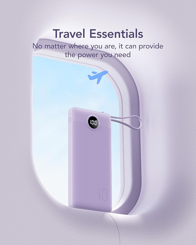 VRURC Portable Charger Power Bank, 10000mAh Travel Essentials Battery Pack, 5 Outputs 2 Inputs Slim Charging Bank Built-in Cables Cords for iPhone 17 16 15 14 13,Samsung,Android-Lavender(1 Pack)