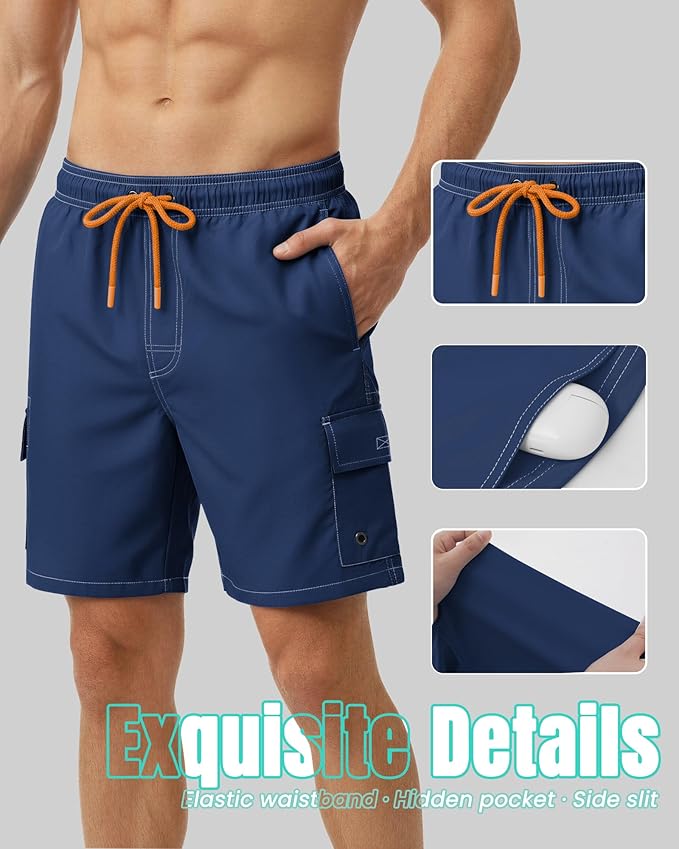 Men Swim Trunks with Compression Liner Quick Dry Breathable Multi Pockets for Summer Beach Cruise Water Park