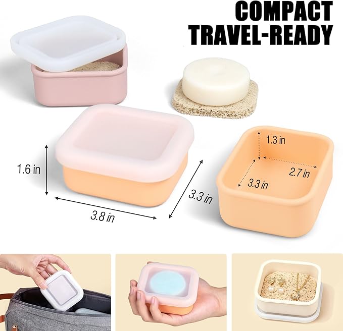 OTHIX 2 Pack Leakproof Silicone Travel Soap Case, Small Bar Soap Holder Container with Drainage Layer & Mini Portable Soap Dish for Shampoo Bars, Bathroom, Camping, Valentines Day Gifts (Pink & Peach)