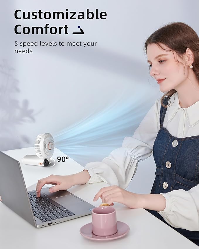 Koonie Portable Handheld, Battery Operated with Base, 8 Hours, Digital Display, 5 Speeds, 90° Ajustable, Rechargeable Mini for Outdoor Indoor White