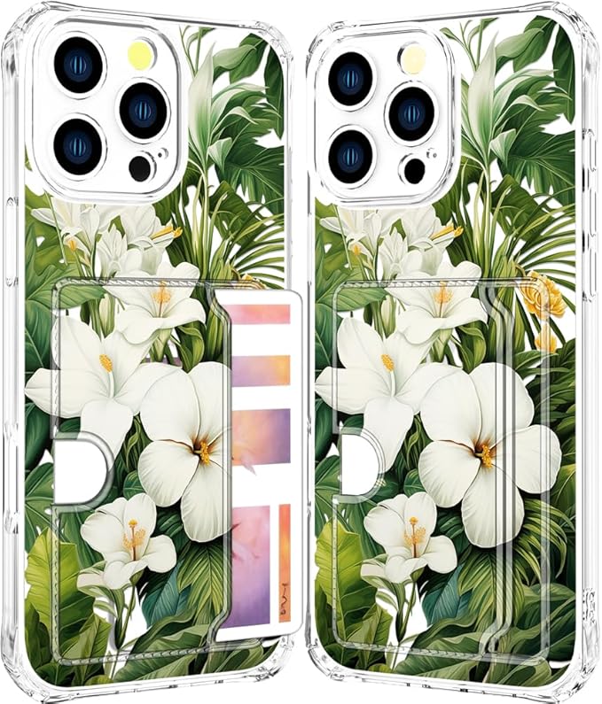 Compatible with iPhone 16 Pro Case Card Holder for Women Cute Design,Wallet Phone Cases Transparent Cool Kawaii Protective (Clear Green Flowers Tropical Jungle)