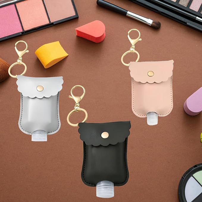 4 Packs Small Hand Sanitizer Holder Mini Hand Sanitizer Holder for Car Keychain Portable Leather Empty Bottles (Black, Pink, Grey, Brown)