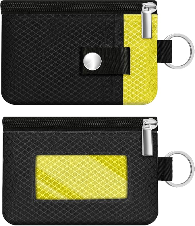 Minimalist RFID Blocking Small Wallet with ID Window,WaterResistant Zip Id Case Wallet with Lanyard Keychain for Cards,Cash,Travel,Women,Men (Black/Lemon Yellow)