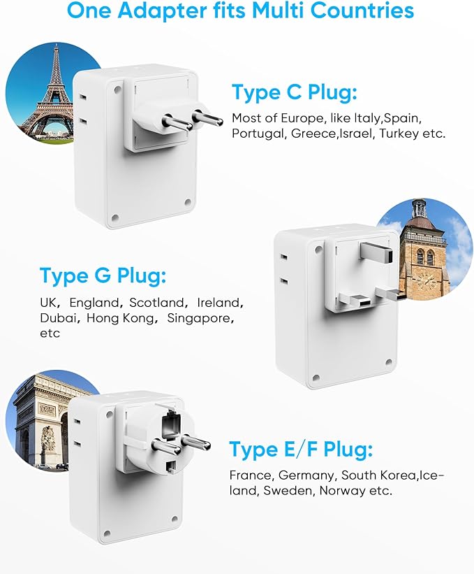 Kakyanill European Travel Plug Adapter, 5ft Detachable Extension Cord with Type C/G/E/F Plug Kit, 4 AC Outlets, 4 USB Ports (2 USB C), UK Germay France Greece Travel Plug Adapter