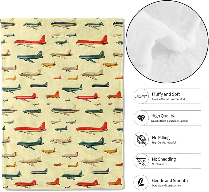 Vintage Airplane Throw Blanket,50x60in,Soft,Lightweight Flannel,Colorful Retro Planes Blankets - Gifts for Kids Boys Girls,Aviation Lovers,for Couch Office Travel,Home Living Room Decor