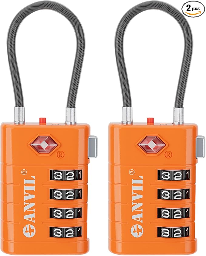 ANVIL TSA Approved Luggage Locks with Search Alert Indicator, 4-Digit Combination Suitcase Lock, Advanced TSA008 Core Heavy Duty Anti-Theft Travel Lock for Double Zippers, Backpacks (2, Orange)