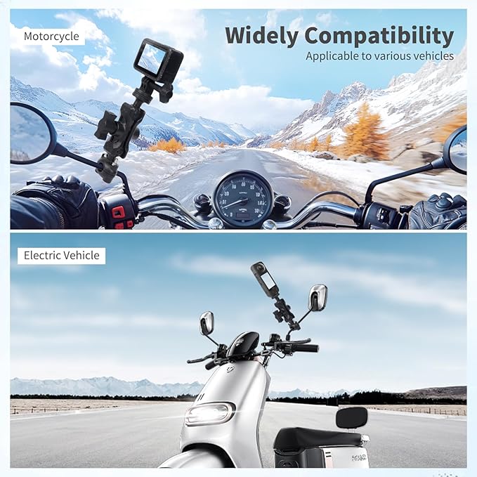 Bike Motorcycle Camera Mount Bundle Kit, 1/4" Screw & Tripod Mount Adapter, 360°Rotating Ball Head Base - Super Clamp Mounting for Most Action Camera, Rearview Mirror(0.35"-0.47") 75015