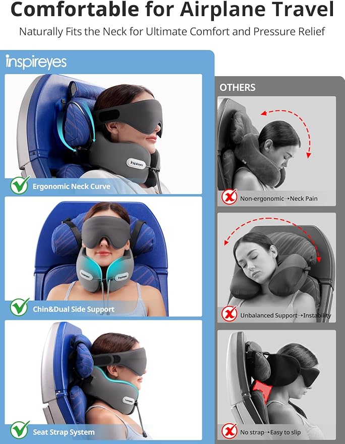 Inspireyes Neck Pillow, Travel Pillow with Seat Strap, 3D Sleep Mask, Dual Support Neck Head, High Supportive Foam Airplane Pillow for Long Flight, Stop Bobblehead Travel Essential, Light Grey