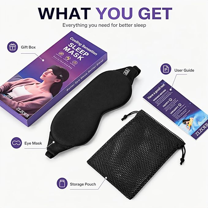 Cool-Touch Cotton Eye Sleep Mask for Men & Women, Soft & Breathable, Pressure-Free Design for Side Sleepers, Adjustable Light Blocking Mask for Sleeping, Travel & Naps (Black)