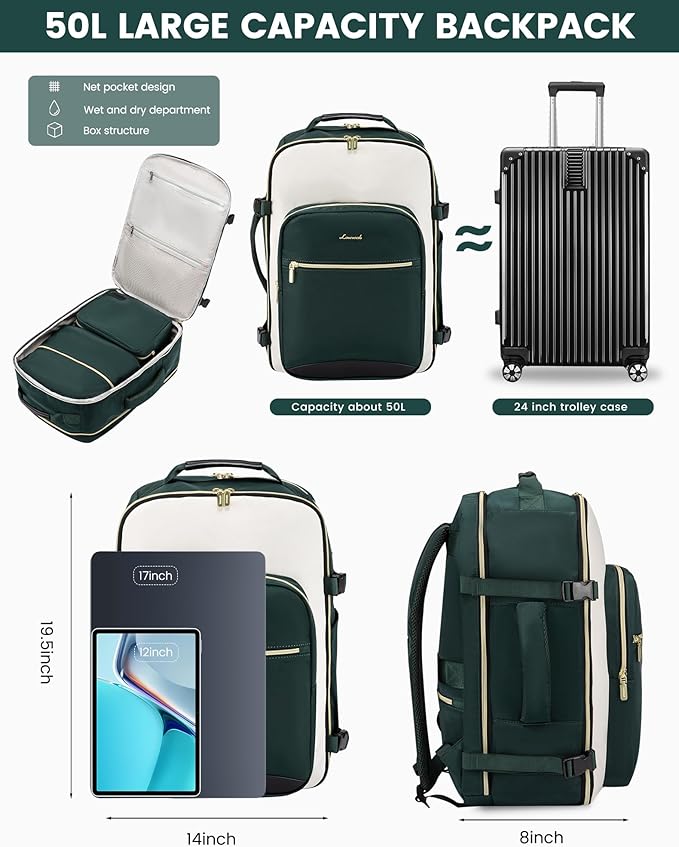 LOVEVOOK 50L Large Travel Backpack for Women & Men, Carry on Backpack Airline Approved, Waterproof Travel Essentials fits 18" Laptop, TSA Personal Item Travel Bag Sports Backpack with 3 Packing Cubes