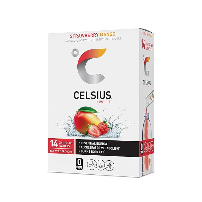 CELSIUS On The Go Strawberry Mango, Sugar Free Energy Drink Mix Sticks, 14 Count (Pack of 2)