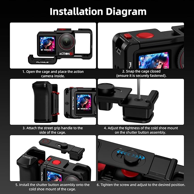 Grip Kit for DJI Action 5 Pro 4 3 (with Cage), Handle Holder Bundle Expansion Mount with Shutter Button, Quick Release Adapter, Cold Shoe for DJI Osmo Action 5 Pro 4 3 Accessories