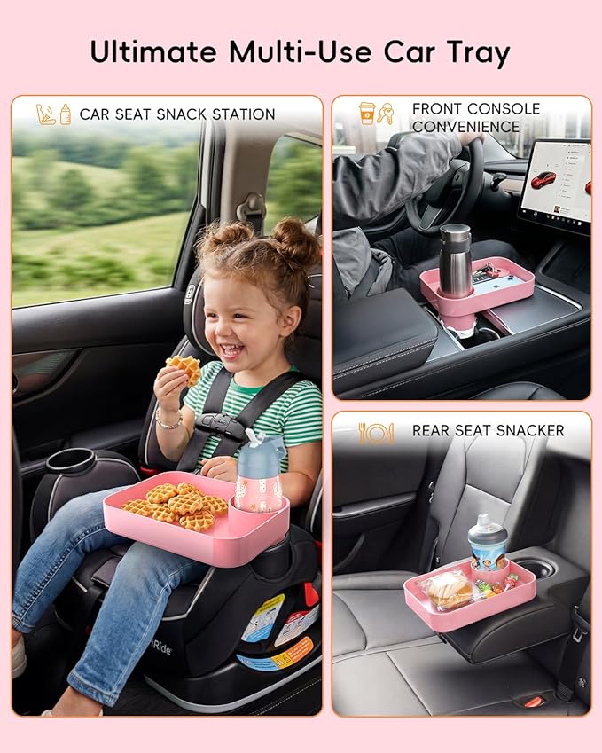 Toddler Car Seat Snack Tray - 3 Inch Cup Holder with Dip Well Fits Most Sippy Cups & Straw Bottles, Mess-Free Square Kids Travel Tray Road Trip Essentials, Pink