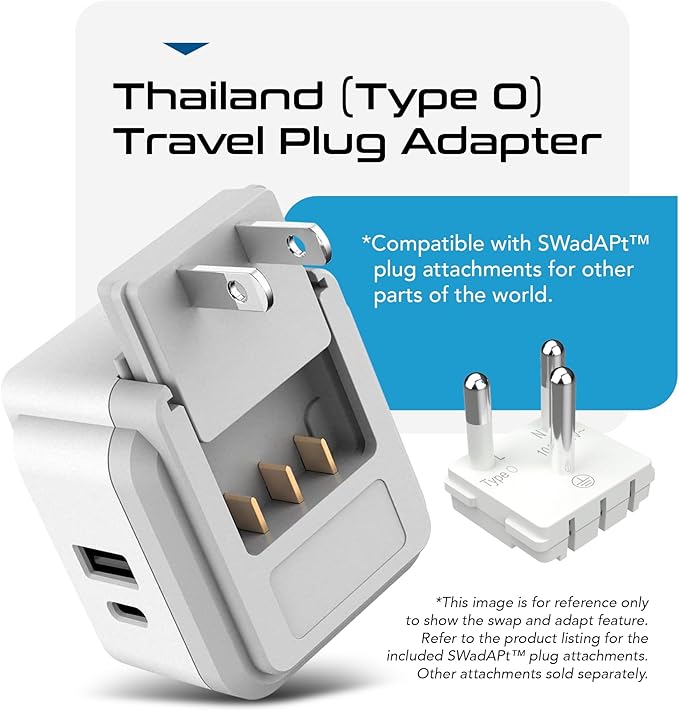 Ceptics Thailand Travel Adapter Set, 20W PD & QC, Type O - 3.1A - 4 in 1-2 USA Inputs, 1 USB Port, 1 USB-C Port - Compact, Powerful - Includes Type O Swadapt Attachments