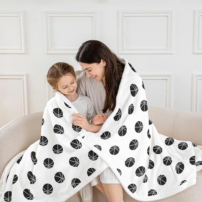 Basketball Kids Throw Blanket,Ball Sports Games Bed Blanket for Girls Boys Adults,Ball Simple Style Fashion Fleece Blanket,Black White Chic Fuzzy Blanket,Throw Size (50 x 60 Inches)