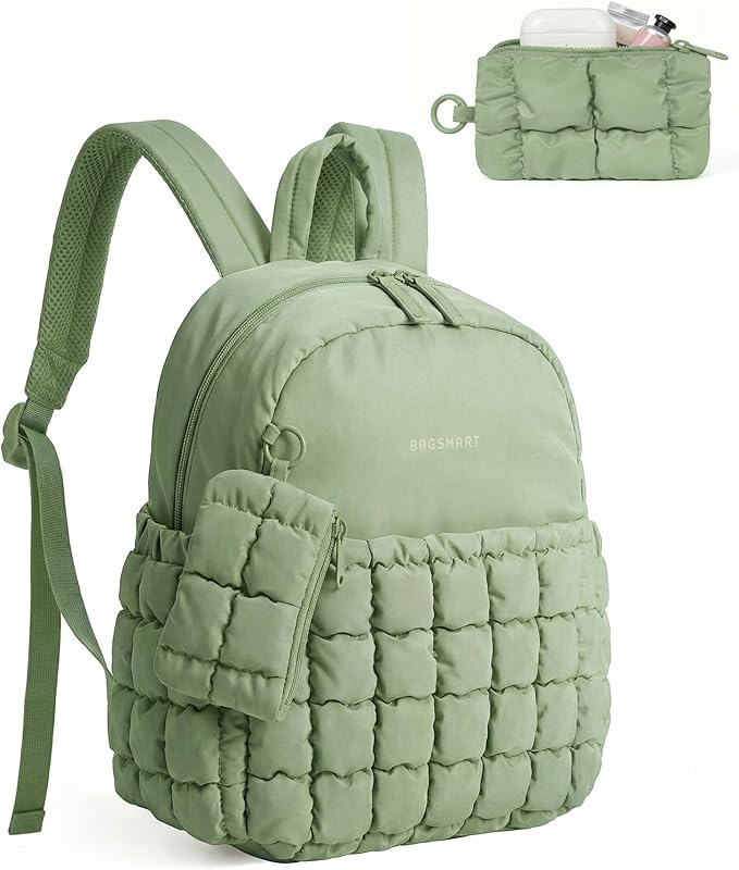 BAGSMART Mini Backpacks for Women, Puffy Checkered Quilted Small Backpack with Pouch, Lightweight Daypack Purse, Water-Resistant Bookbag for Daily Travel College, 2-in-1 Set, Sage Green