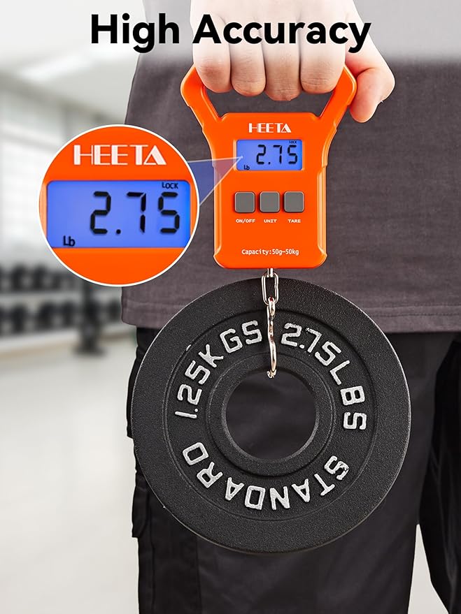 HEETA Fish Scale, 110lb/50kg Digital Portable Hanging Fishing Weight Scale with Backlit LCD Display, Luggage Scale with Hook, Non-Slip Large ABS Handle & 2 AAA Batteries, Fishing Gifts Gear for Men