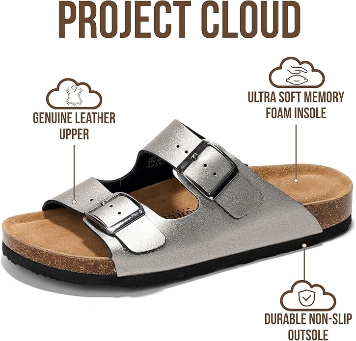 Project Cloud 100% Genuine Leather Flat Sandals For Women 2026 Cork Footbed Womens Sandals with Memory Foam and arch support Vacation Essentials Slides for Women Footwear (Venita)