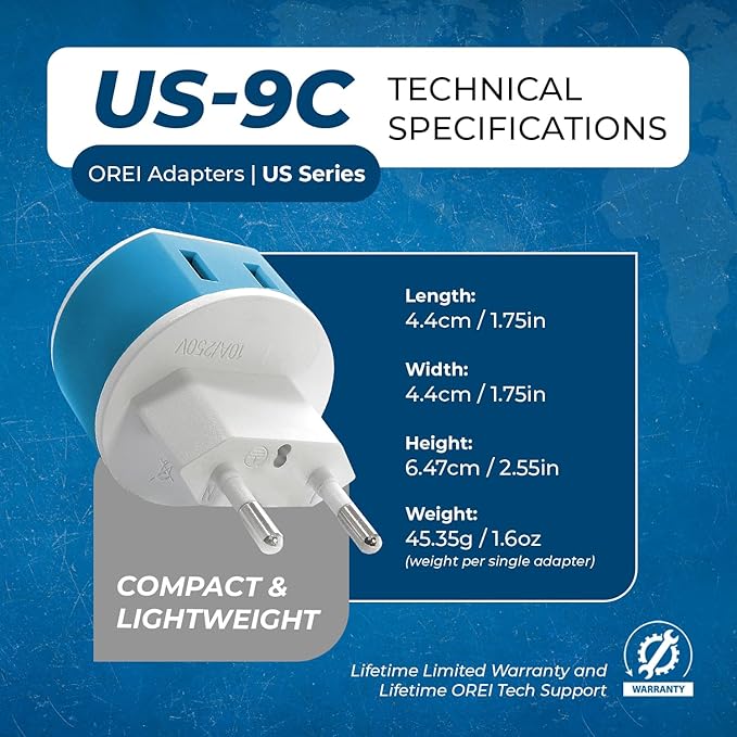 OREI European Power Plug Adapter, with 2 USA Inputs - Travel 3 Pack - Type C (US-9C) - Turkey, Italy, Iceland, and More - Safe Grounded Use with Cell Phones, Laptop, Camera Chargers, CPAP, and More