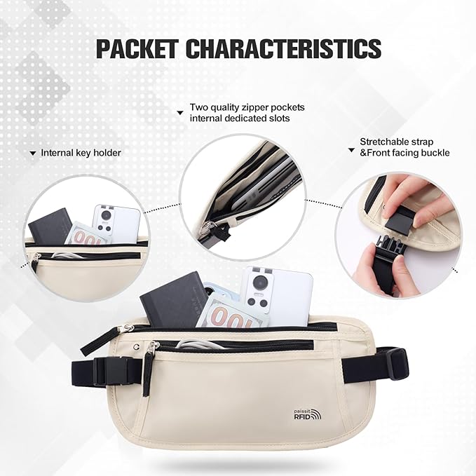 Unisex Money Belt For Men and Women, Slim Passport Holder RFID Blocking Travel Essentials Bags with Adjustable Strap Small Waist Pouch for Workout Running Travelling Hiking, Cream White