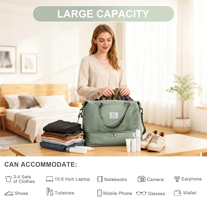 Travel Duffel Bag, 18x14x8 Inches Travel Bag Spirit with Shoes Compartment, Weekender Overnight Bag for Women with Trolley Sleeve, Carry On Bag for Airplanes Sport Tote Gym Bag(BeigeGreen).