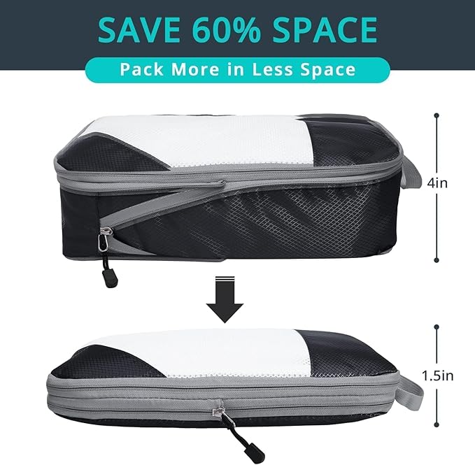NICOSHOW 6 Set Compression Packing Cubes for Travel - Compressible, Lightweight, and Space-Saving Packing Cubes, Travel Essentials for Women, Black