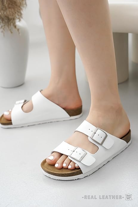 Project Cloud 100% Genuine Leather Flat Sandals For Women 2026 Cork Footbed Womens Sandals with Memory Foam and arch support Vacation Essentials Slides for Women Footwear (Venita)
