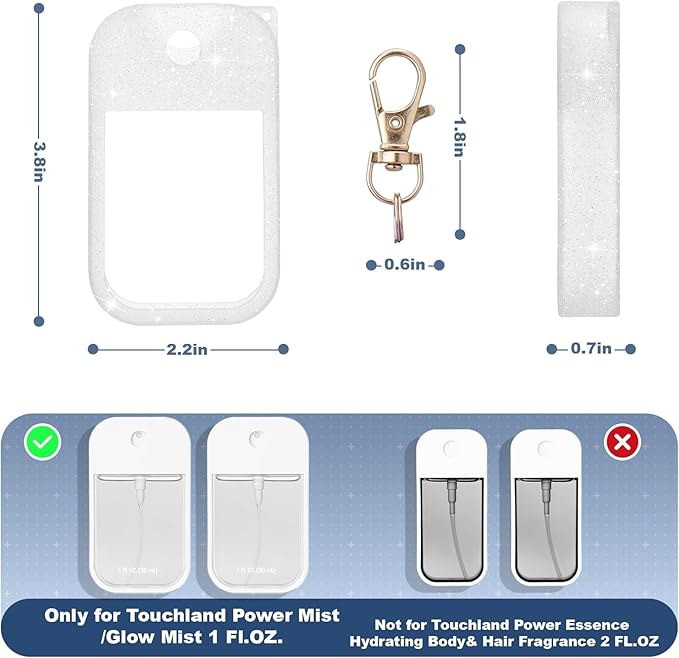 Palksky Hand Sanitizer Spray Case for Touchland,Silicone Case with Keychain for Power Mist and Glow Mist1 fl oz(Glitter Sequin White),Travel Size
