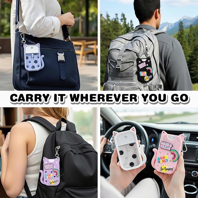 Silicone Case Holder Compatible with Hand Sanitizer Spray Touchland 1 fl oz, Cute Cat Ear Protective Case with Keychain & 4 Decorative Charms (Black, 1P)
