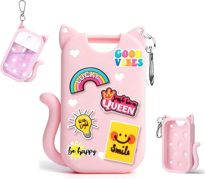 Silicone Case for Touchland Hand Sanitizer Spray, Compatible with Touchland 1 FL OZ/30ML with Keychain & 6 Charms, Cute Hand Sanitizer Travel Accessories, Mothers Day Gifts (Pink)