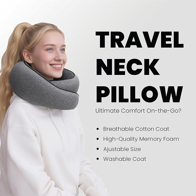 Memory Foam Travel Neck Pillow for Airplane, Ergonomic U-Shape 360° Neck Support for Sleeping & Neck Pain Relief, Breathable Cotton Cover, Adjustable Fit (Gray)