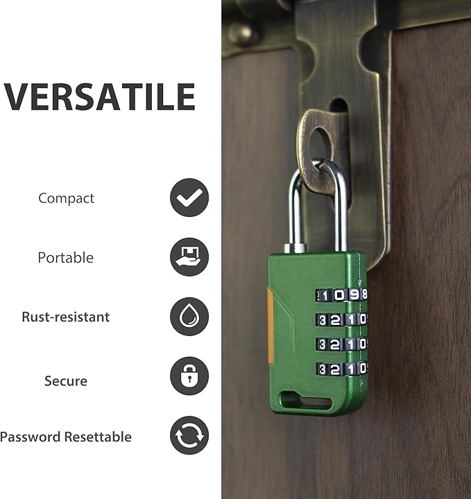 Combo Lock for Gym Locker, Versatile Small Padlock Combination, Travel Luggage Padlocks, 4 Digit Combination Lock for Locker, Cabinet, Suitcase Zipper, Storage Unit, Outdoor Use (Green)
